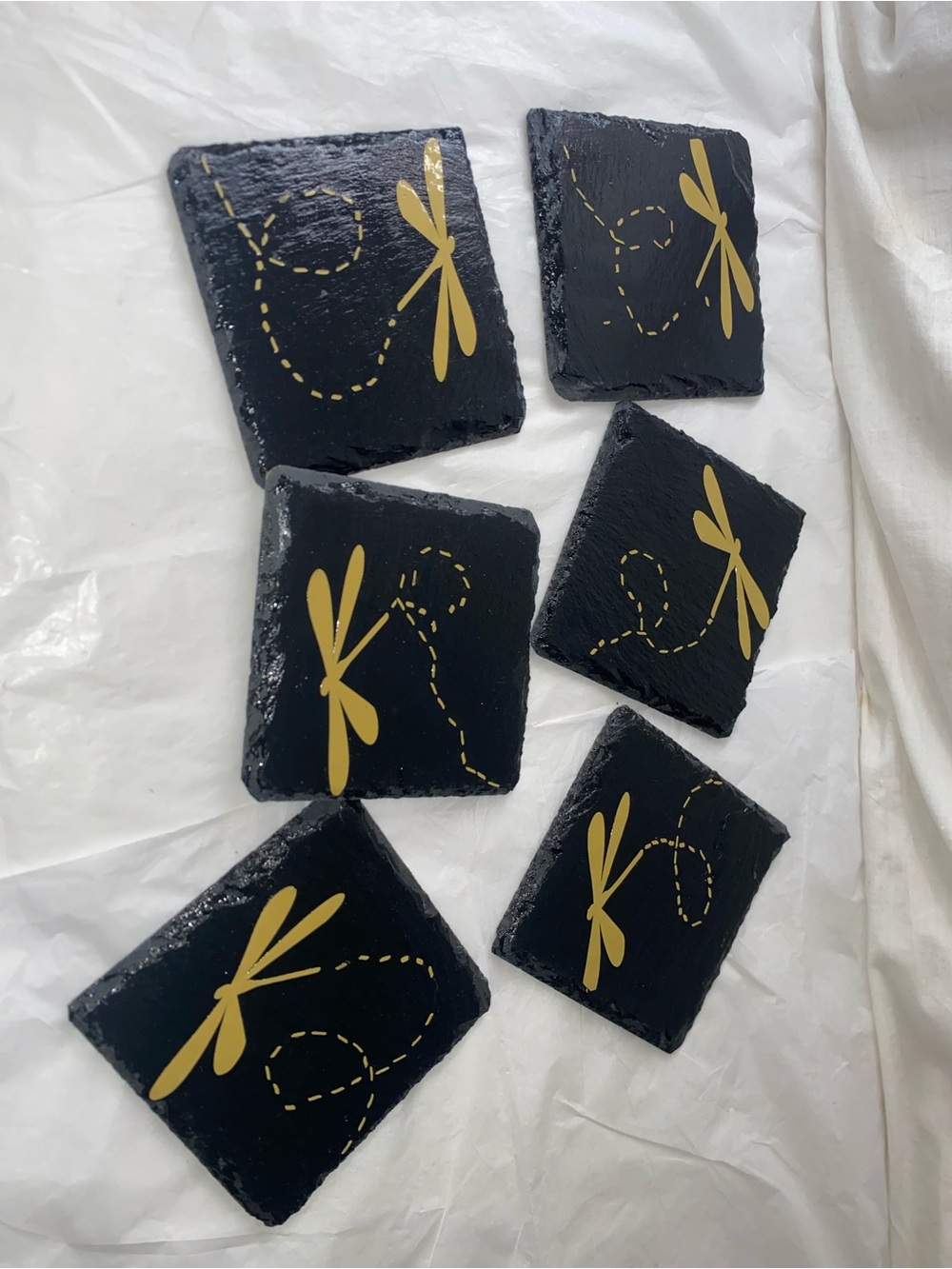 Hand-Painted Black Slate Coasters with Gold Dragonfly Design - Set of 6